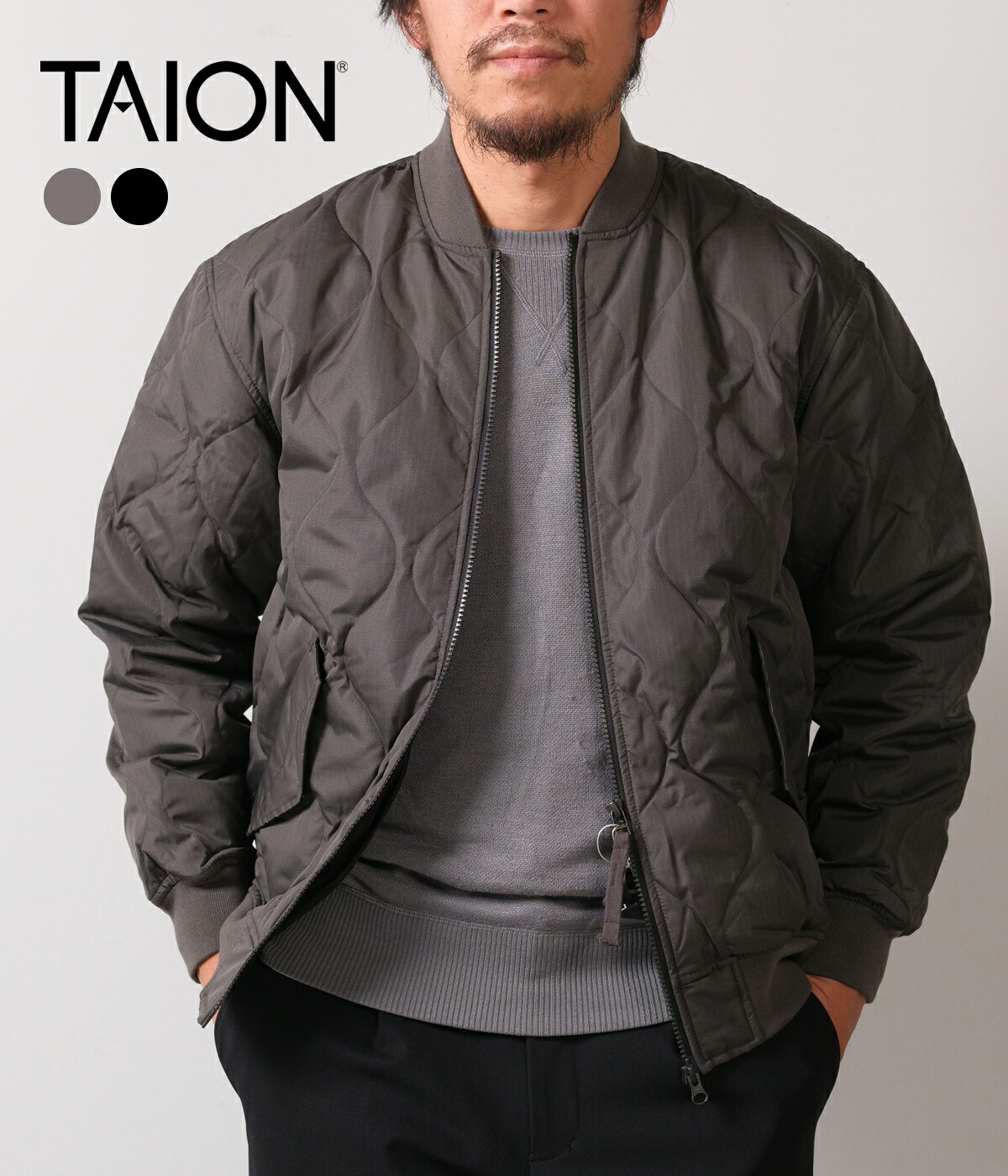 【TAION｜タイオン】MILITARY MA-1 DOWN JKT ミリタリーダウンジャケット アウター 黒いこと 暗灰色 S M L XL ユニ一発やる【111M1ML-1】