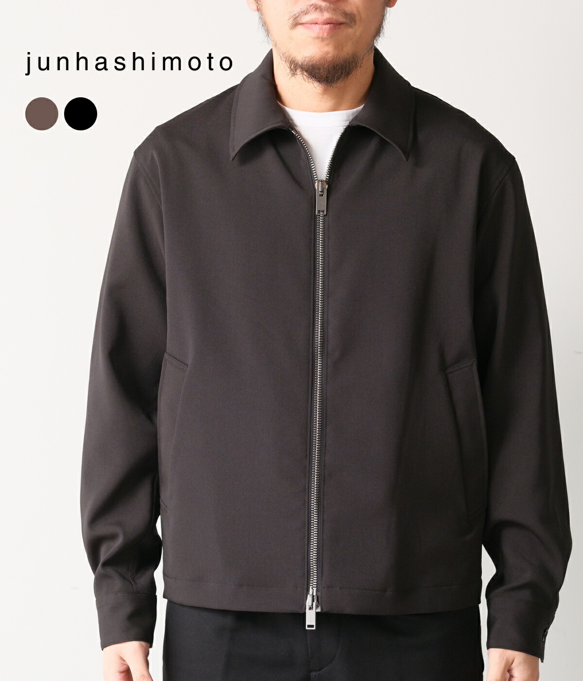 【junhashimoto｜ジュンハシモト】エーツー A-2 ブラック モカ ブルー ポリエステル ミリタリーテイスト 上品 30代 40代 メンズ ブルゾン 上品 多機能素材 ラッカーニファスナー【1042610003】