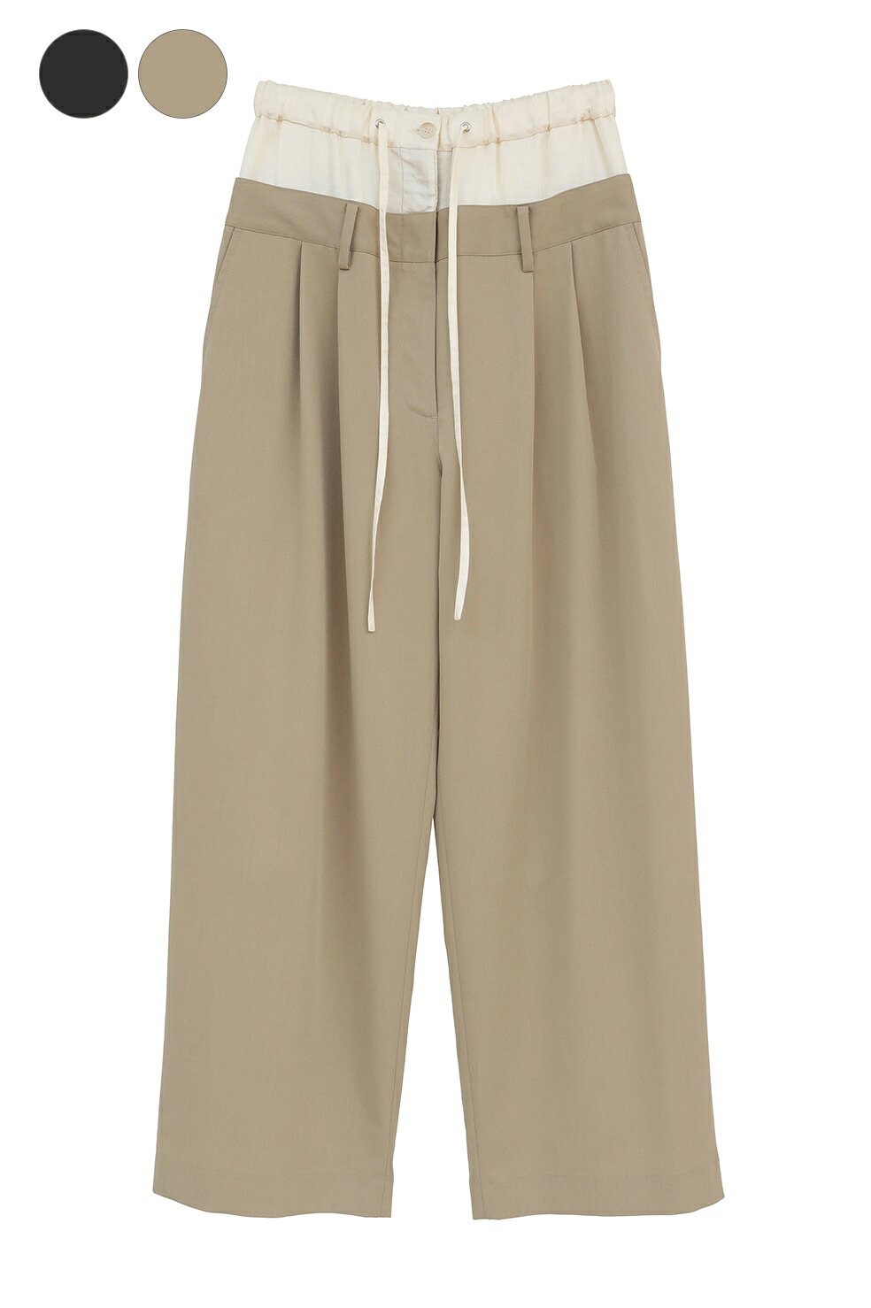 【CLANE｜クラネ】ダブルウエストワイドスラックス W WAIST WIDE SLACKS ベージュ ブラック ポリエステル レディース レイヤード 上品 ドローストリング仕様 バイカラーデザイン【10110-7093】