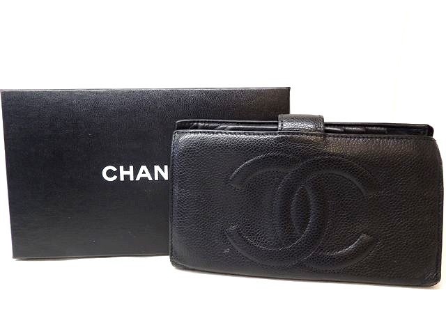 シャネル 財布 ■ ブラック キャビアスキン レザー ココマーク2つ折り がま口 長財布 CHANEL 4F