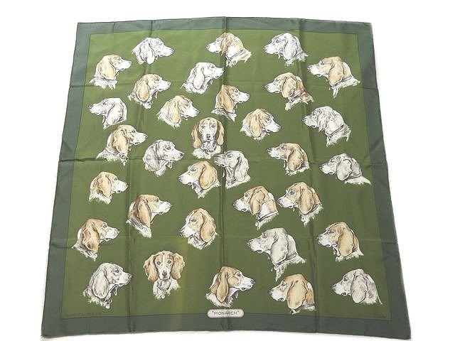希少 エルメス カレ90 スカーフ MONARCH ◇ 犬 総柄 モスグリーン系 レディース ▼ ヴィンテージ HERMES シルク 4H