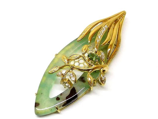 K18 YG イエローゴールド 天然カルセドニー 16.10ct ■ デマントイドガーネット ダイヤ ペンダント トップ チャーム 10.6g □6I|ブランドショップ フォーサイト