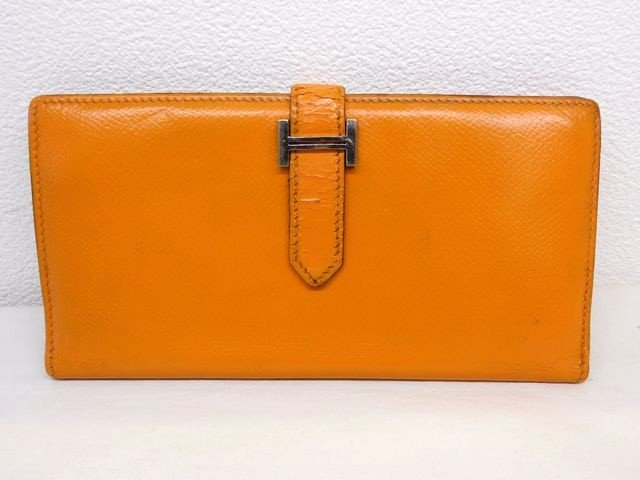 【美品】HERMES エルメス　べアンクラシック　オレンジ　□L刻印　長財布 美品】HERMES エルメス べアンクラシック オレンジ □L刻印 長