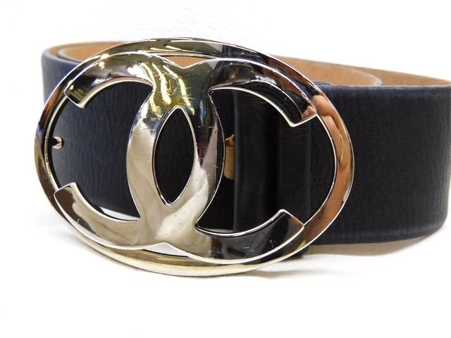 シャネルベルト Leather belt - Calfskin & metal, black, burgundy & silver