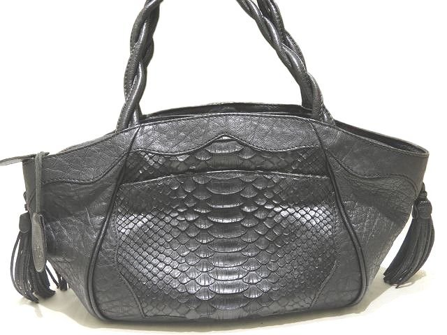 美品 IBIZA イビザ ハンドバッグ ☆ パイソン × 牛革 レザー ブラック トートバッグ フリンジ付き 鞄 ▼8B