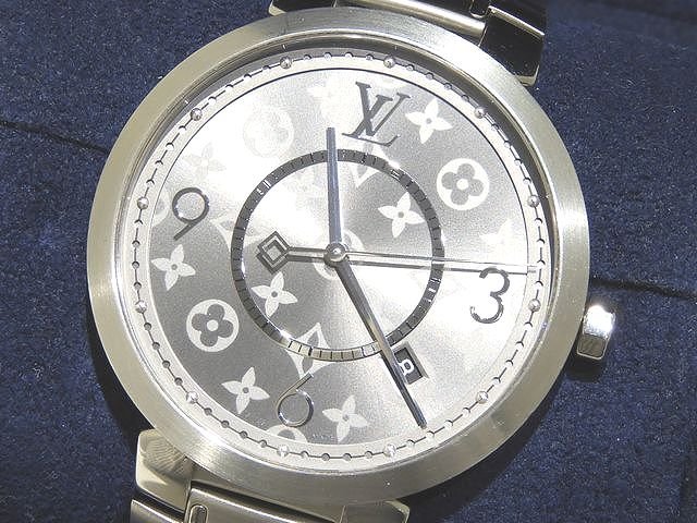 LOUIS VUITTON ヴィトン メンズ 石英 時辰儀 Q1DM0 ☆ タンブール か細い 星食 デイト 薄墨色文字記号盤 SSブレス ステンレス鋼 ▼8E