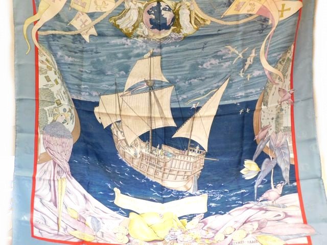 HERMES エルメス ■ Christophe Colomb【クリストファー コロンブス】カレ90 地絹100% 大判 えり巻き 点火装置青碧系 □８E
