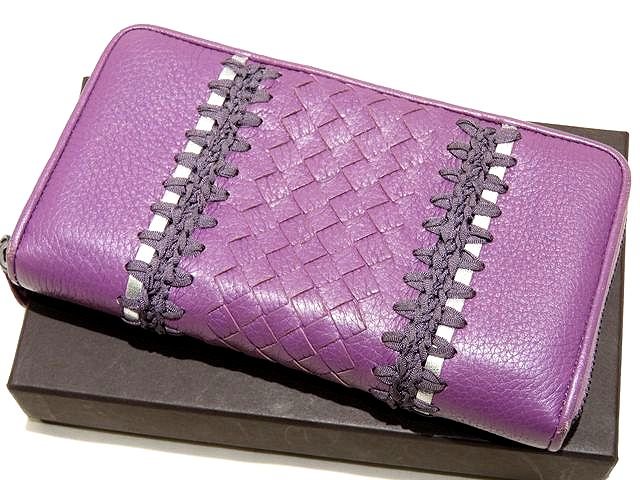 ボッテガヴェネタ ラウンドチャック 長金入れ ☆ 275064 パープル イントレチャート なめし革 リボンロープデザイン BOTTEGA VENETA ▼8E