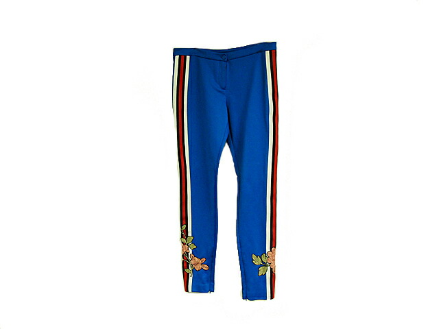 富士屋◆グッチ GUCCI エンブロイダリー スティラップパンツ 473357 レギンス レディース Mサイズ ポリエステル コットン 花柄刺繍 ブルー パンツ ジャージ サイドライン 青【中古】