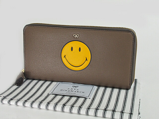 富士屋 送料無料 アニヤハインドマーチ Anya Hindmarch スマイリー Smiley ラウンドファスナー 頭領銭入れ グレイ レザー 中古 Mediasportweb Com