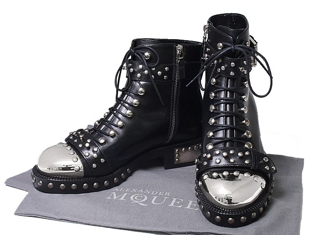 富士屋◆アレキサンダー・マックイーン Alexander McQueen HOBNAIL ANKLE BOOT ショートブーツ 470601WHPP01000 ブラック レザー サイズ38.5 未使用【中古】|富士屋質店店