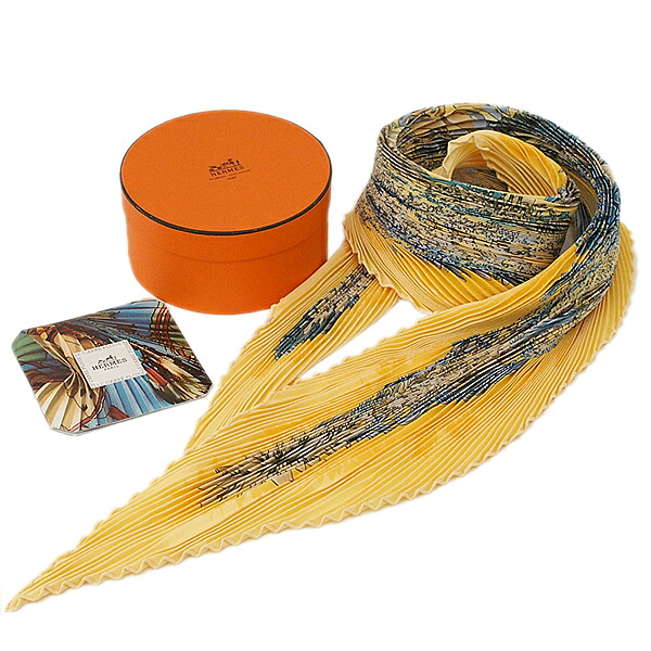 富士屋◆ エルメス HERMES 筋目 えり巻き L\u0027Ile Deserte 無人島 黄み系 新品負けず劣らず【中古】