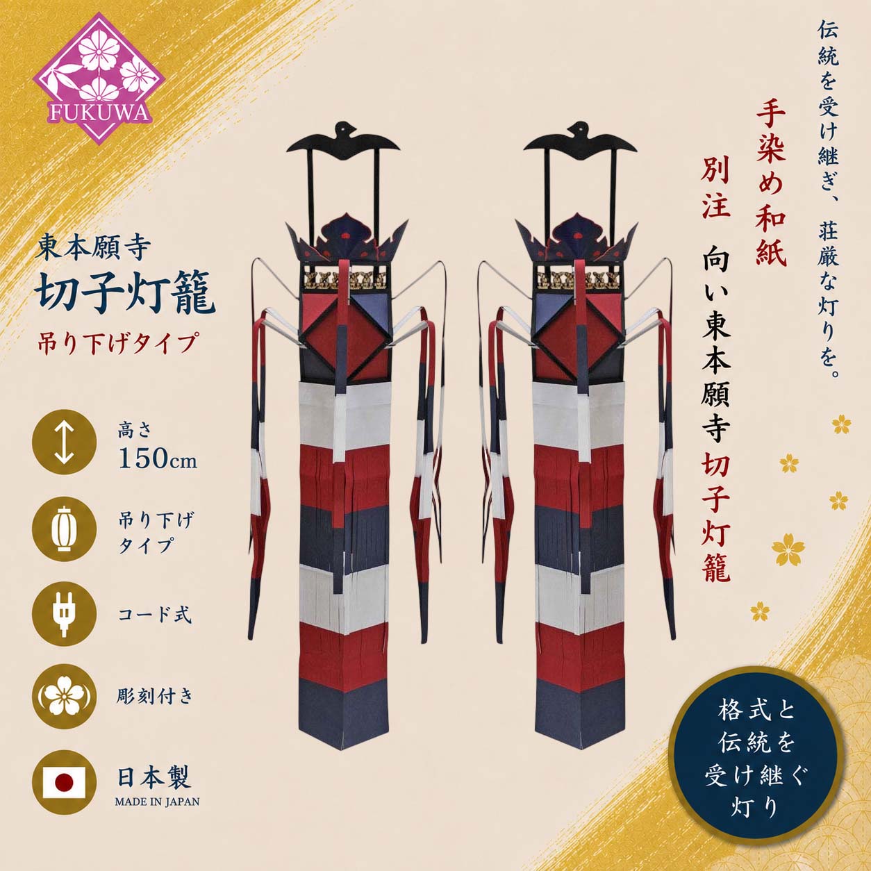 切子灯籠 彫刻入り 別注 向い東本願寺切子 吊り式(１対 ２本)【大谷派・真宗】和紙切子灯篭 送料無料｜福和工芸　店