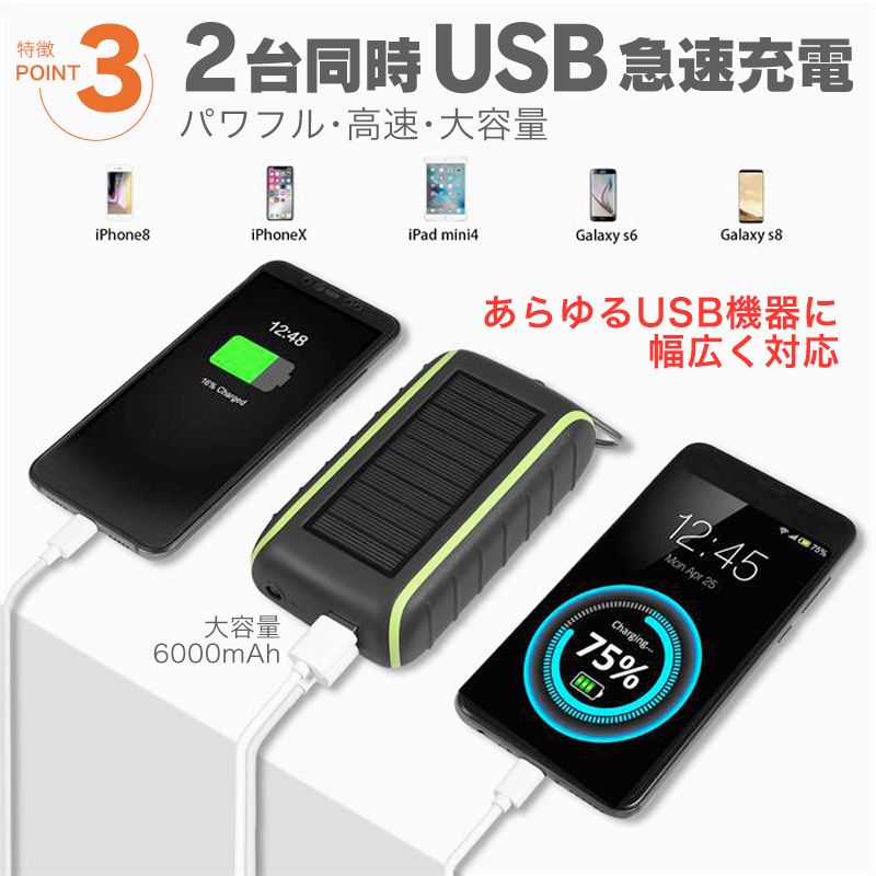 楽天市場 手回し スマホ 充電器 モバイルバッテリー ソーラー Usb ダイナモ式 チャージャー ソーラーチャージャー 手動 手回し発電機 手回し充電 スマートフォン Iphone アイフォン対応 バッテリー 太陽光 災害用 災害グッズ 備蓄 家電 6000mah 停電グッズ 防災 便利