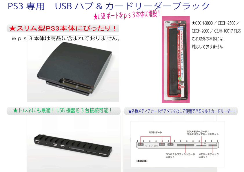 楽天市場 新品 税込価格 Ps3専用 Usbハブ カードリーダーブラック Ps3本体にusbポートを増設できる Cech 3000 2500 00 に対応 これ以外の本体には非対応 Gamestation