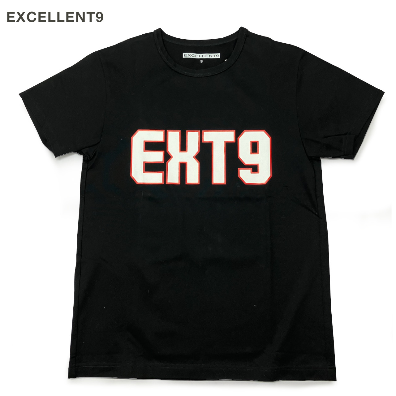 【最安値！！アウトレット品】EXECELLENT 9（エクセレントナイン） EXT9 ロゴ クルーネック Tシャツ ブラック レッド 半袖 送料無料