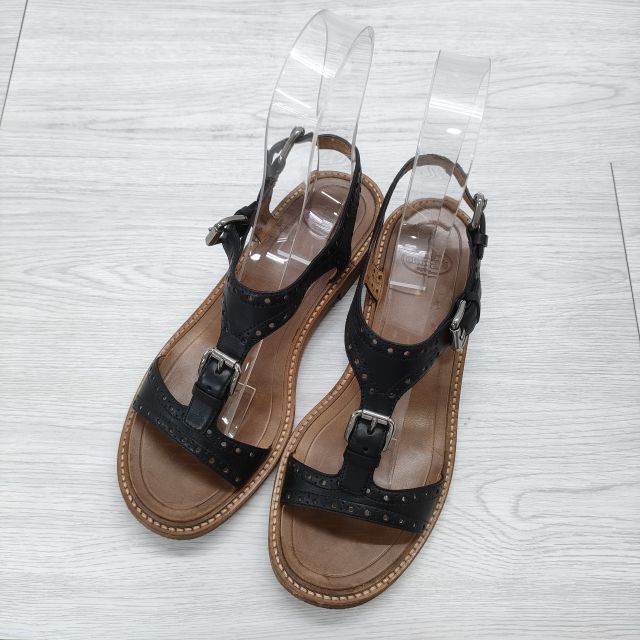 Church’s パンチングレザーサンダル サイズ36 革 アンクルベルト サンダル ブラック ブラウン レディース チャーチ【中古】4-0807S