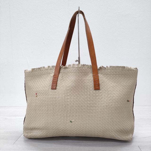 HENRY CUIR レザートートバッグ 編み込み メッシュレザー ビーズ トートバッグ ベージュ レディース アンリークイール【中古】3-1006G
