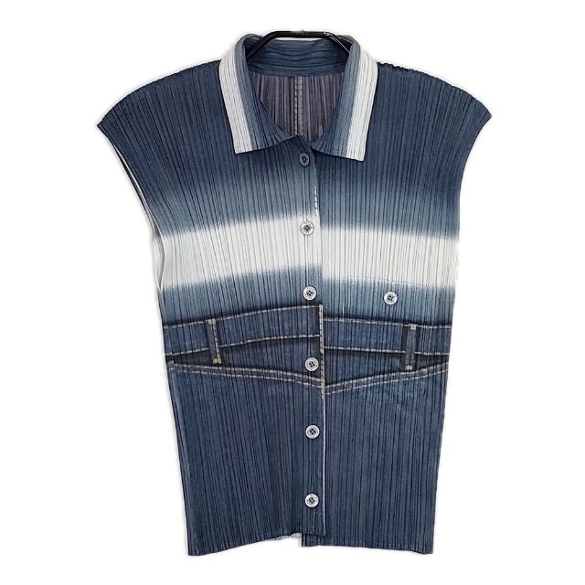 PLEATS PLEASE ISSEY MIYAKE デニム転写プリント プリーツ トップス スカート セットアップ ネイビー グレー レディース プリーツプリーズ【中古】5-0601S