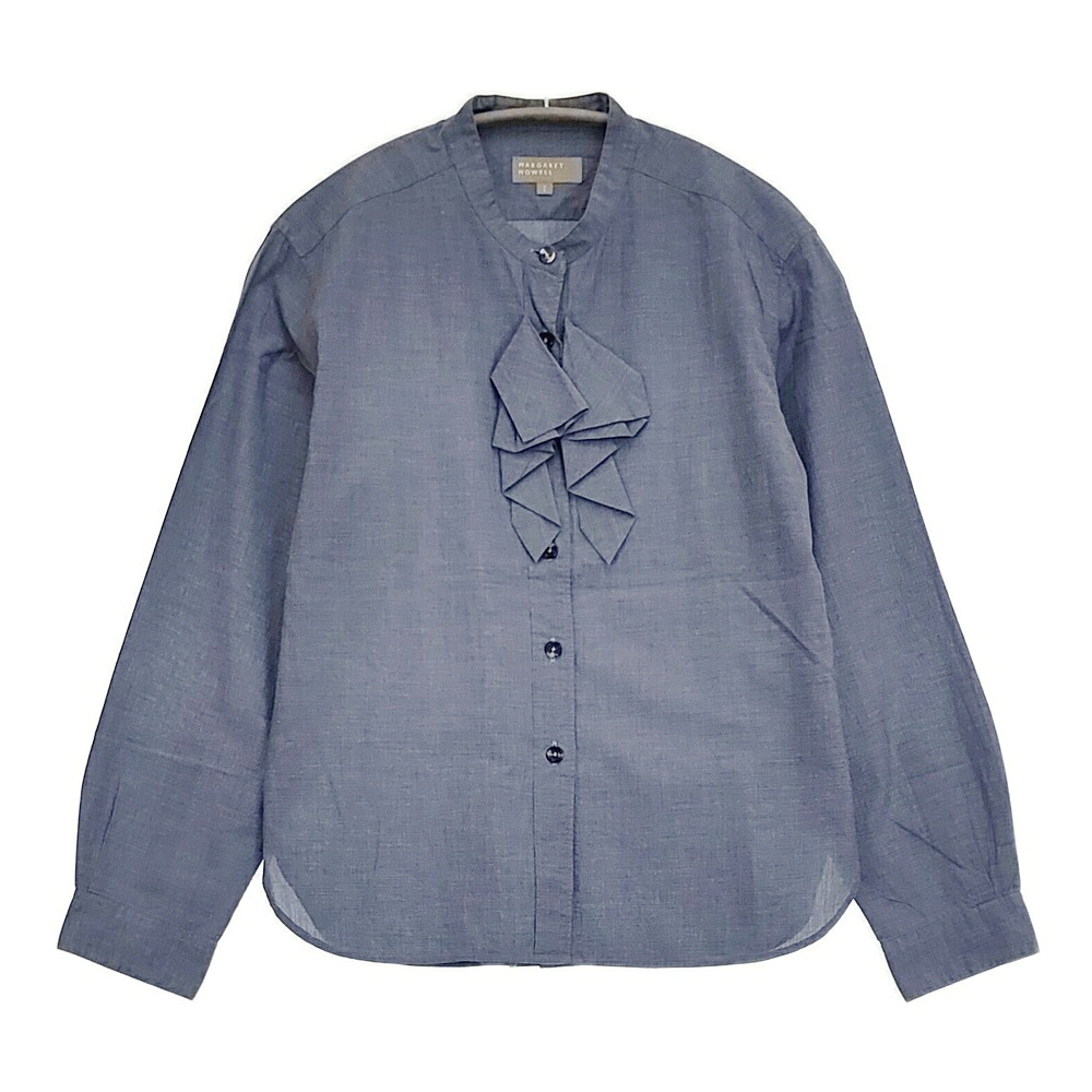 MARGARET HOWELL FINE COTTON CHAMBRAY SHIRT 定価33000円 578-7253011 フリル シャンブレー ブラウス シャツ ブルー レディース マーガレットハウエル【中古】6-0324M