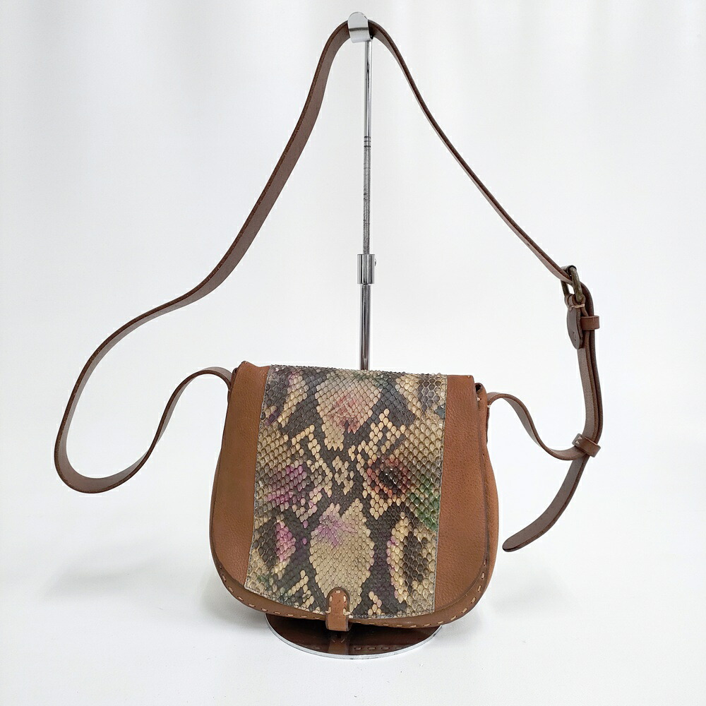 HENRY CUIR 蛇 パイソン ウロコ 鱗 レザー 花柄 ショルダーバッグ ブラウン レディース アンリークイール【中古】4-1205G