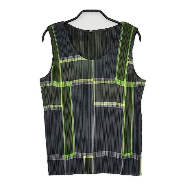 PLEATS PLEASE ISSEY MIYAKE プリーツ チェック柄 PP64JK541 キャミソール ノースリーブ Ｔシャツ カットソー グリーン レディース プリーツプリーズ【中古】5-0702S