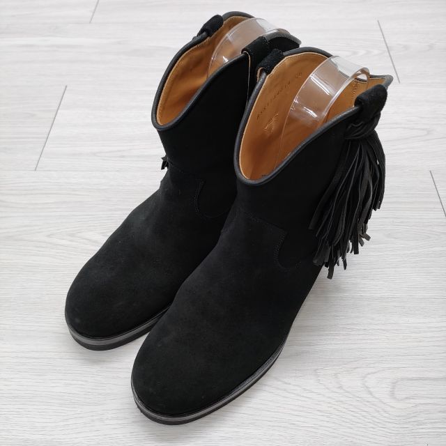 BEAUTIFUL SHOES フリンジペコス サイズ5 1/2 スエード ローヒール ショート ブーツ ブラック レディース ビューティフルシューズ【中古】3-1225T