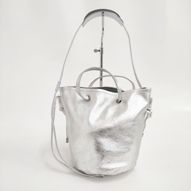 blancle 空白文字レ なめし革 S.LEATHER CIRCLE HANDLE BAG 2way ショルダーバッグ トートバッグ しろがね色 レディース【中古】6-0225G