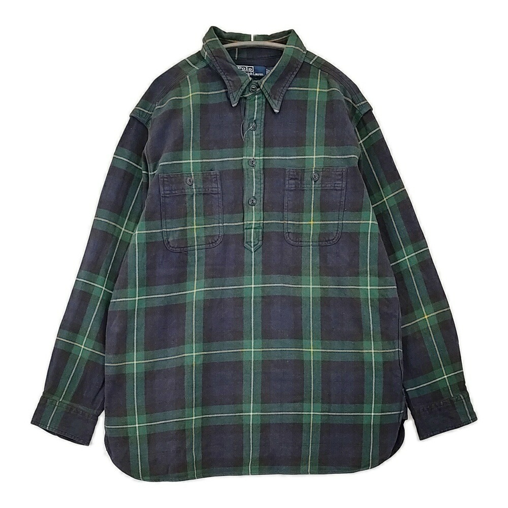 POLO RALPH LAUREN 90年代00年代 アクティ21 EMMON PULLOVER チェック プルオーバー 長袖シャツ ネイビー グリーン メンズ ポロ・ラルフローレン【中古】5-1203T