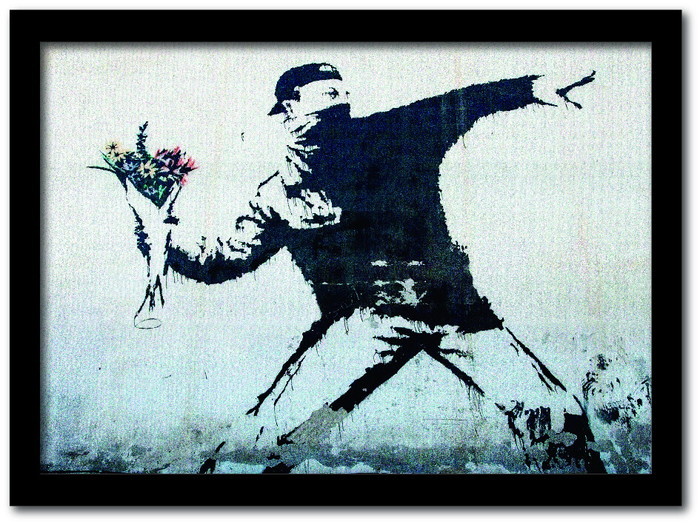 バンクシー Banksy インテリアアート Fower bomber 花束を投げる男 VS-1001BK-A2 フレームカラー：ブラック サイズ：A2 店舗 カフェ ラウンジ ロビー ホテル 法人 kar-10054175s9 アートパネル アートボード 壁紙 装飾フィルム 送料無料 北