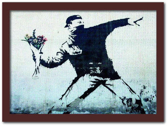バンクシー Banksy インテリアアート Fower bomber 花束を投げる男 VS-1001BR-A2 フレームカラー：ブラウン サイズ：A2 店舗 カフェ ラウンジ ロビー ホテル 法人 kar-10054175s11 アートパネル アートボード 壁紙 装飾フィルム 送料無料