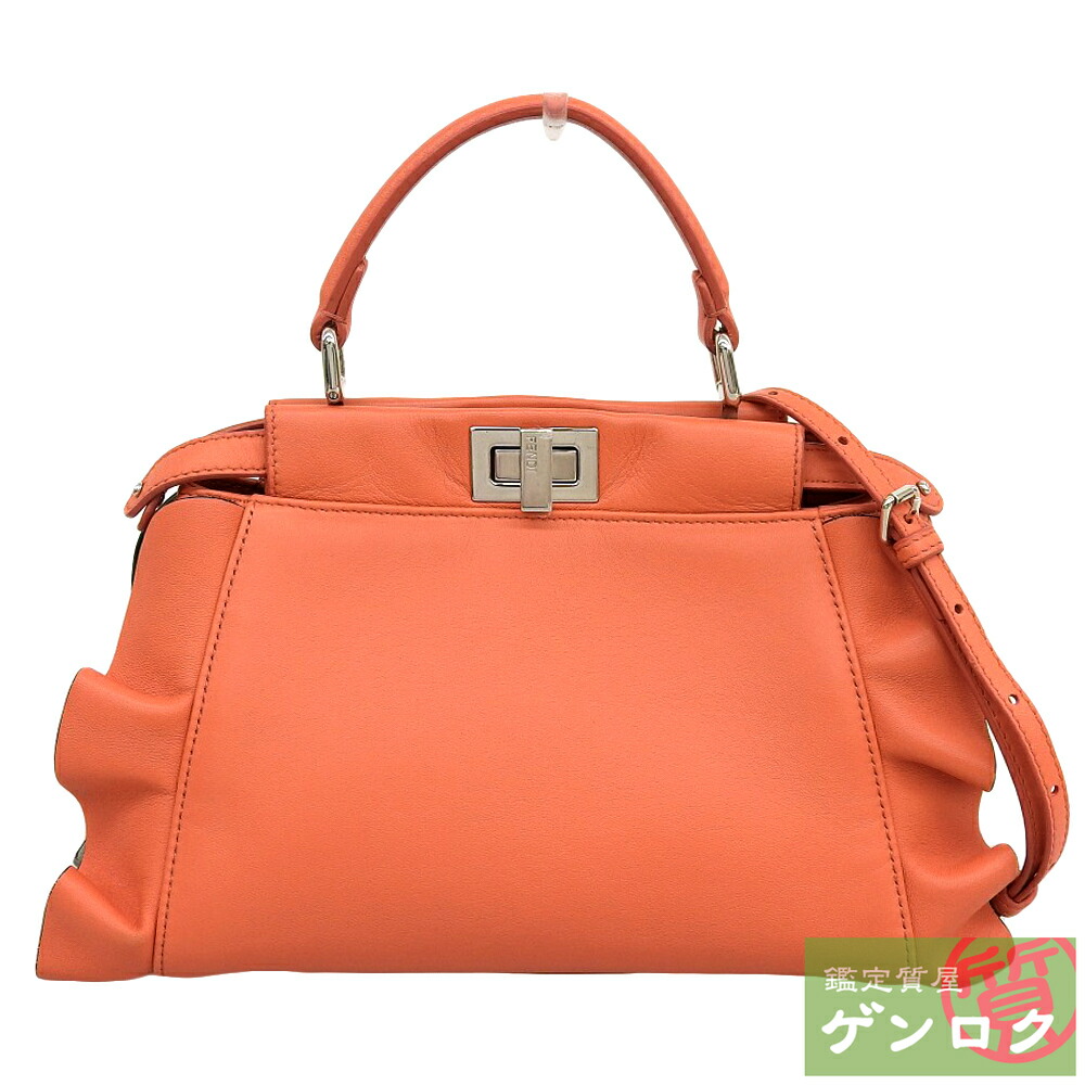 【中古】FENDI フェンディ ミニピーカブーフリル 2WAY ショルダーバッグ ハンドバック 曲がった掛け オレンジ色 なめし革 レディース【一六銀行】【代引っ張ること委員会無料】