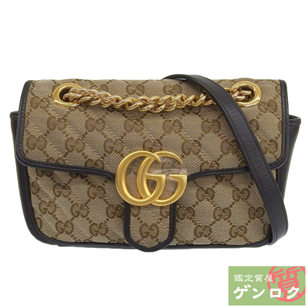 【中古】GUCCI グッチ GG チェーンショルダー ショルダーバッグ 斜め掛け ベージュ×ブラウン×ブラック GGキャンバス×レザー 446744 レディース【質屋】【代引き手数料無料】