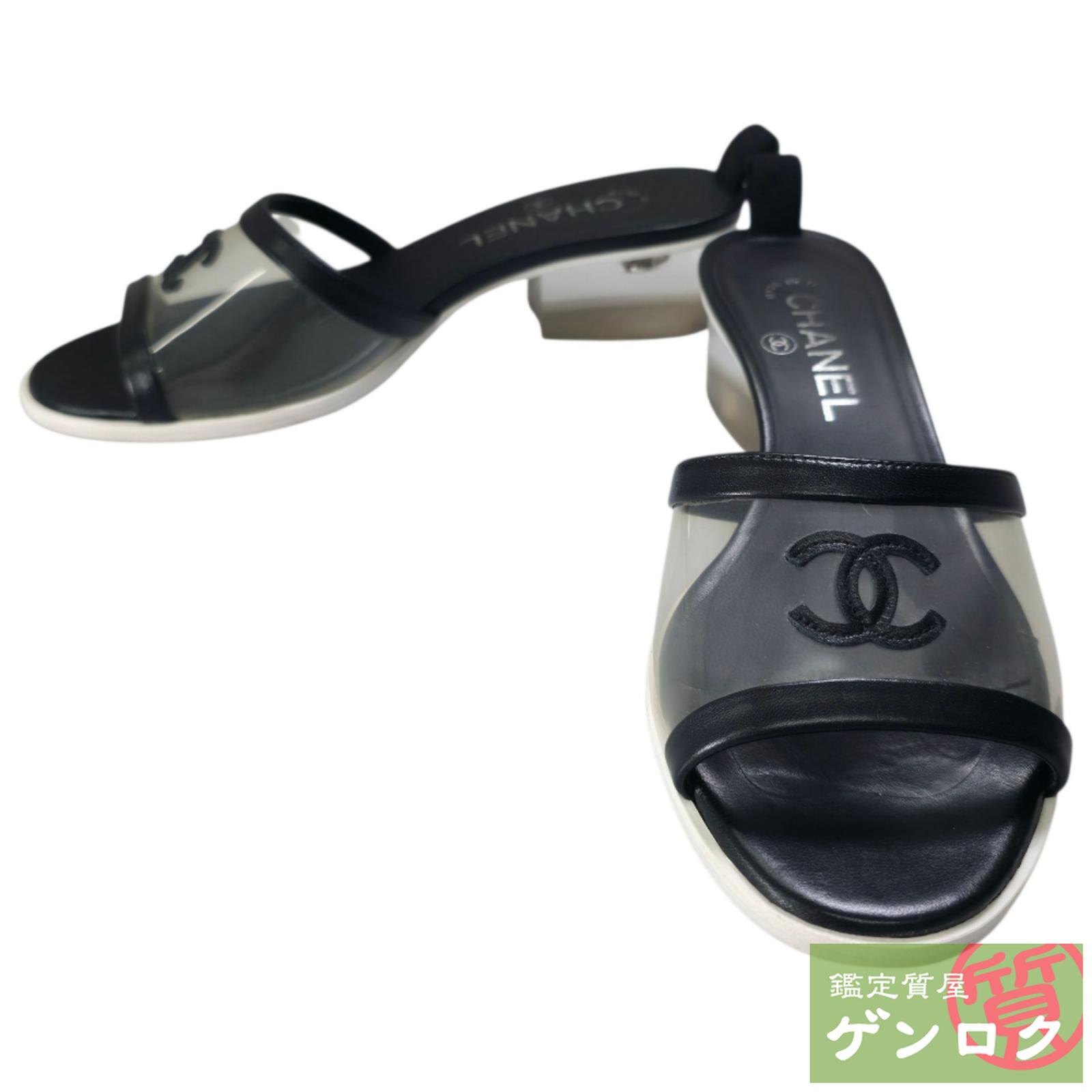 【良品】19年新作CHANEL ココマークミュールサンダルブラック　22cm シャネル/サンダル/ミュール/ココマーク/リボン/フリル/ブラック