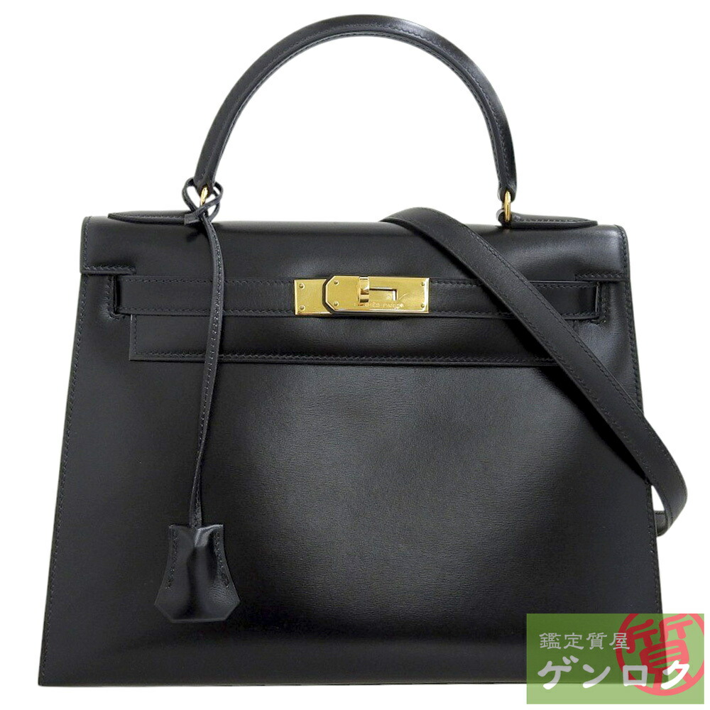 【中古】 エルメス ケリー28 ハンドバッグ 2WAY ショルダーバッグ ○Ｒ刻印(1988年) ボックスカーフ ブラック HERMES【質屋】【代引き手数料無料】