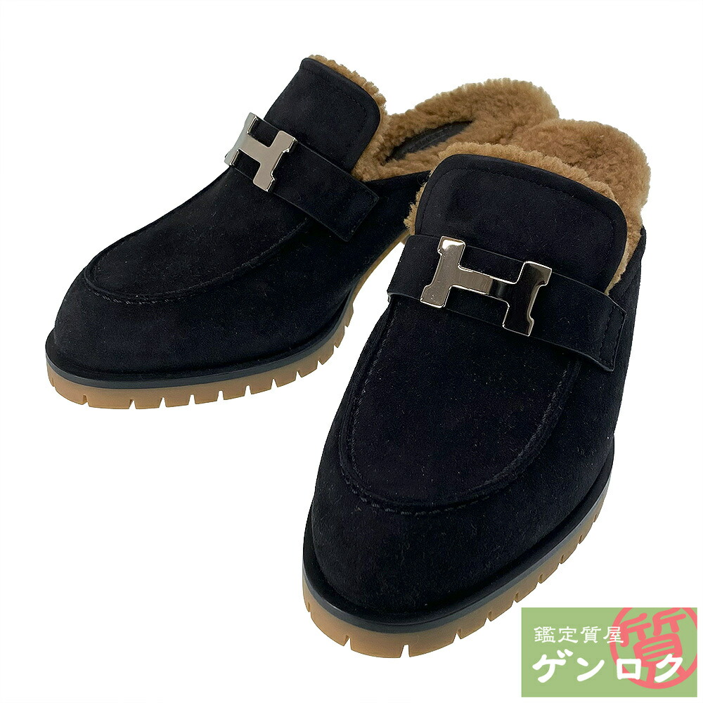 【中古】HERMES エルメス ボア ミュールフロール size:37 1/2 (約24.5珊) 黒いこと【一六銀行】