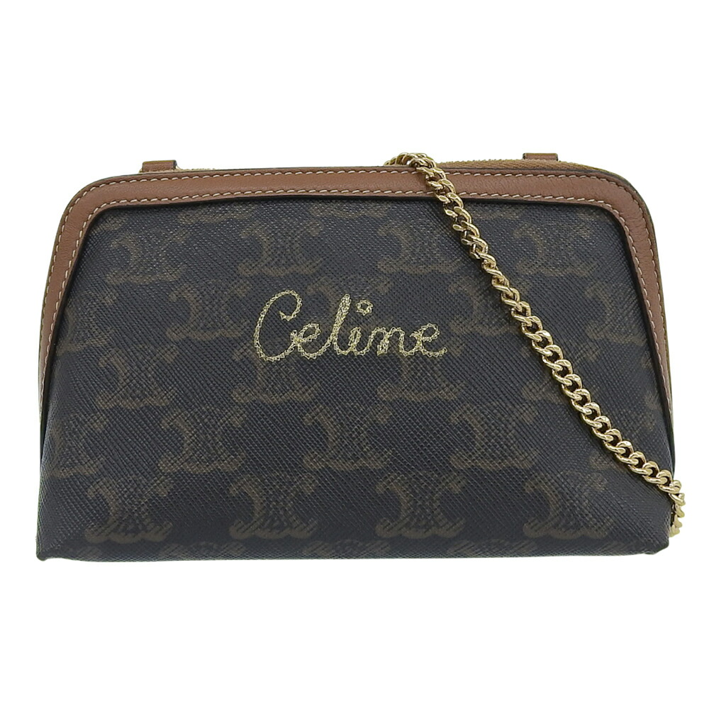 【中古】 セリーヌ クラッチ チェーンショルダーバッグ ショルダーバッグ トリオンフキャンバス×カーフスキン ブラウン系 CELINE【質屋】【代引き手数料無料】