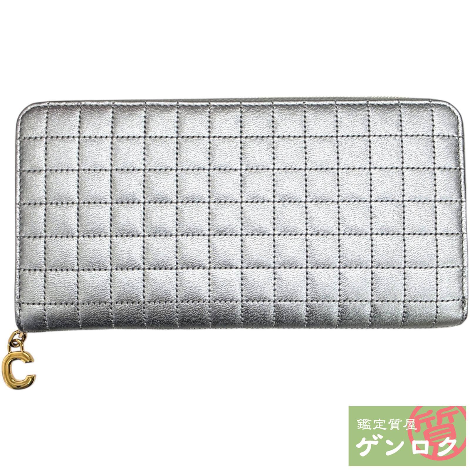 【中古】 セリーヌ ラウンドジッパー長紙入れ ウォレット なめし革 しろがね色色合い CELINE【一六銀行】【代引っ張ること委員会無料】
