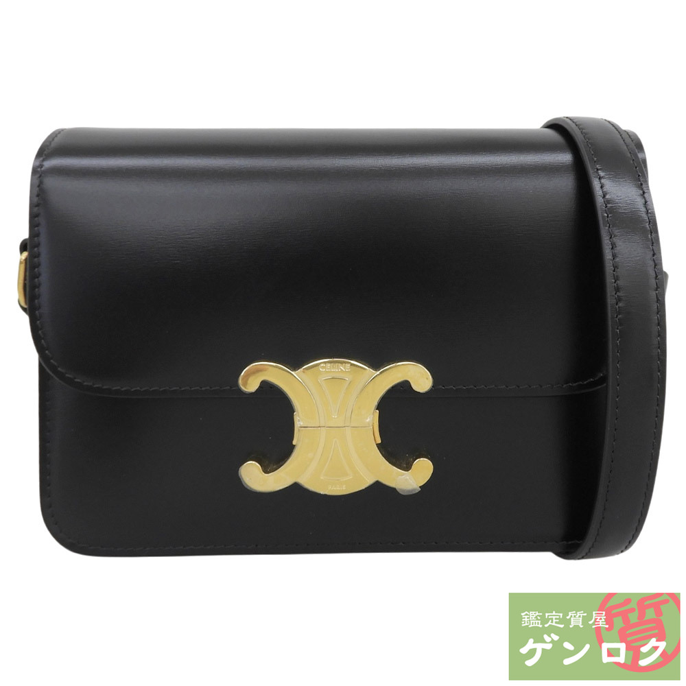 【中古】 セリーヌ トリオンフ 青少年 ショルダーバッグ ショルダーバッグ なめし革 黒いこと CELINE【一六銀行】【代引っ張ること委員会無料】