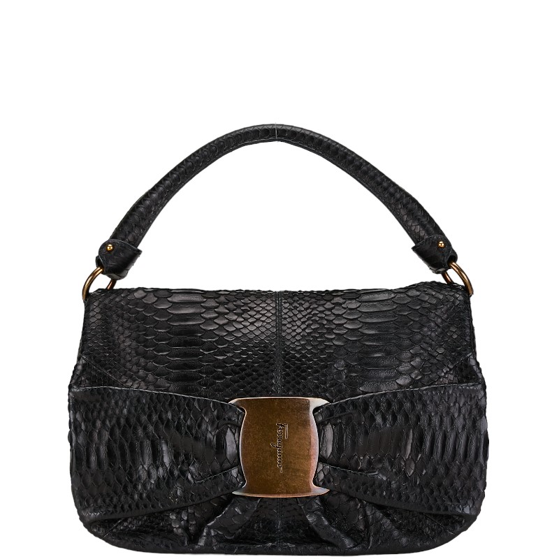 サルヴァトーレフェラガモ パイソン ロゴ ヴァラリボン ハンドバッグ ブラック レザー レディース Salvatore Ferragamo 【中古】｜【銀座パリス】　店