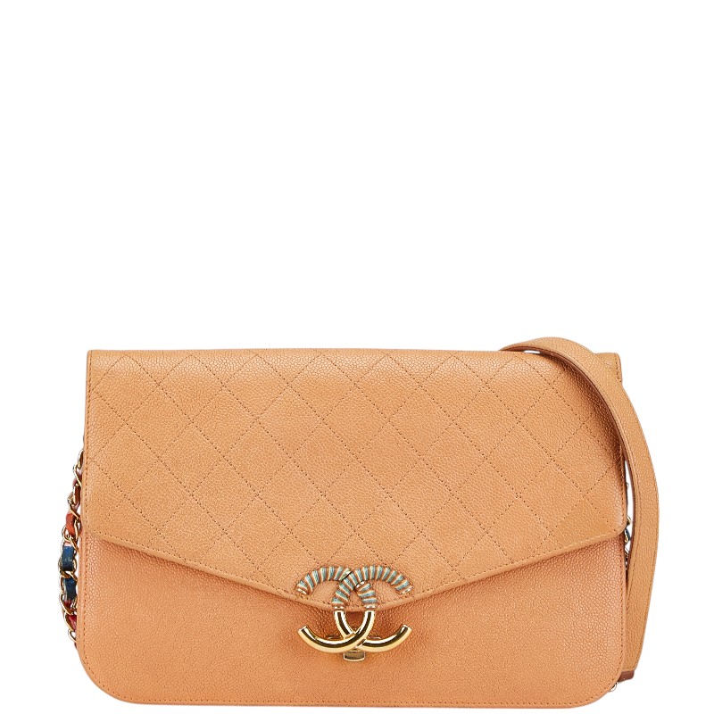 シャネル ハーフココ 斜め掛け チェーン ショルダーバッグ オレンジ ベージュ キャビアスキン レディース CHANEL 【中古】