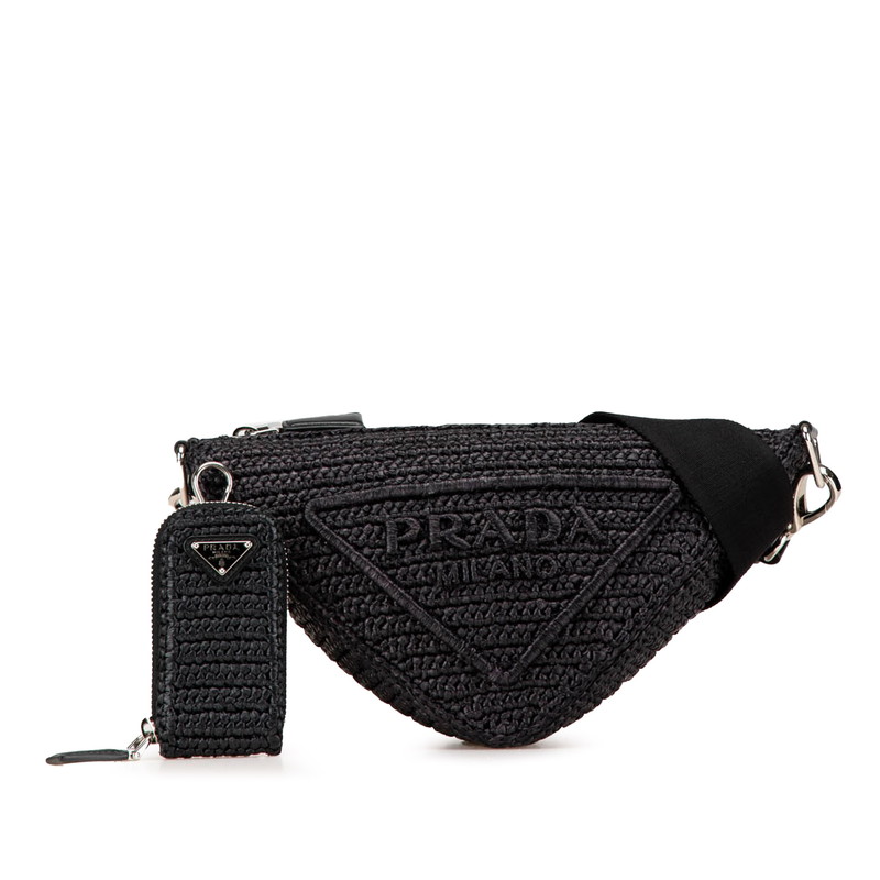 プラダ ３角形 クロシェ 曲がった掛け ショルダーバッグ 黒いこと ラフィア レディース PRADA 【中古】