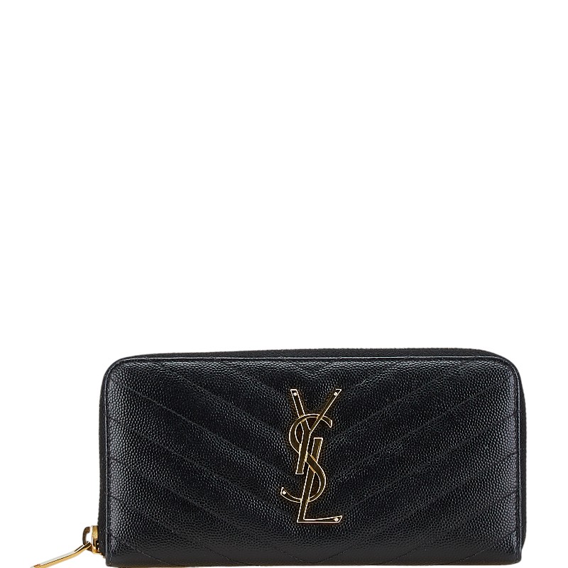 サンローラン YSLロゴタイプ カサンドラ 長紙入れ ラウンドジッパー 黒いこと なめし革 レディース SAINT LAURENT 【中古】
