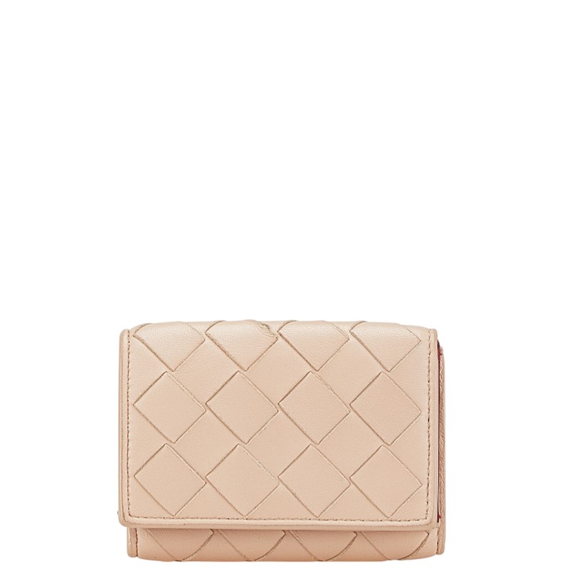 ボッテガヴェネタ イントレチャート 三つ折り財布 ベージュ ピンク レザー レディース BOTTEGAVENETA 【中古】
