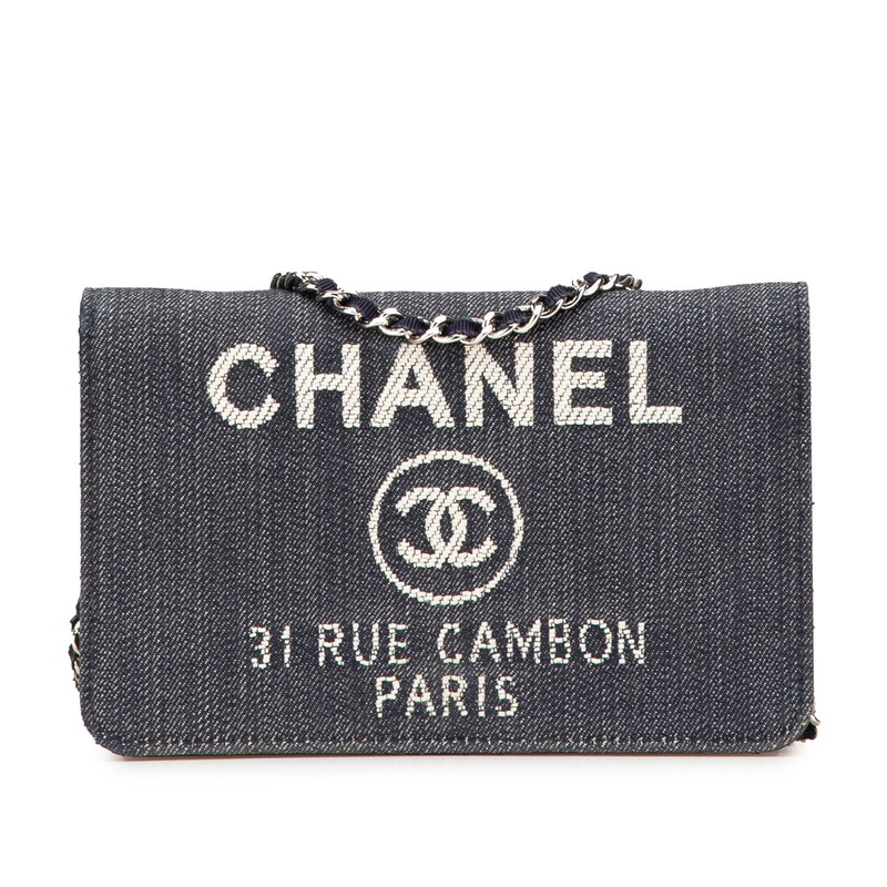 シャネル ドーヴィル チェーンウォレット A80795 ネイビー ホワイト デニム レザー レディース CHANEL 【中古】｜【銀座パリス】　店