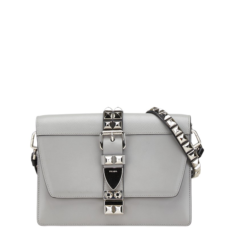プラダ スタッズ 曲がった掛け ショルダーバッグ  薄墨色 なめし革 レディース PRADA 【中古】