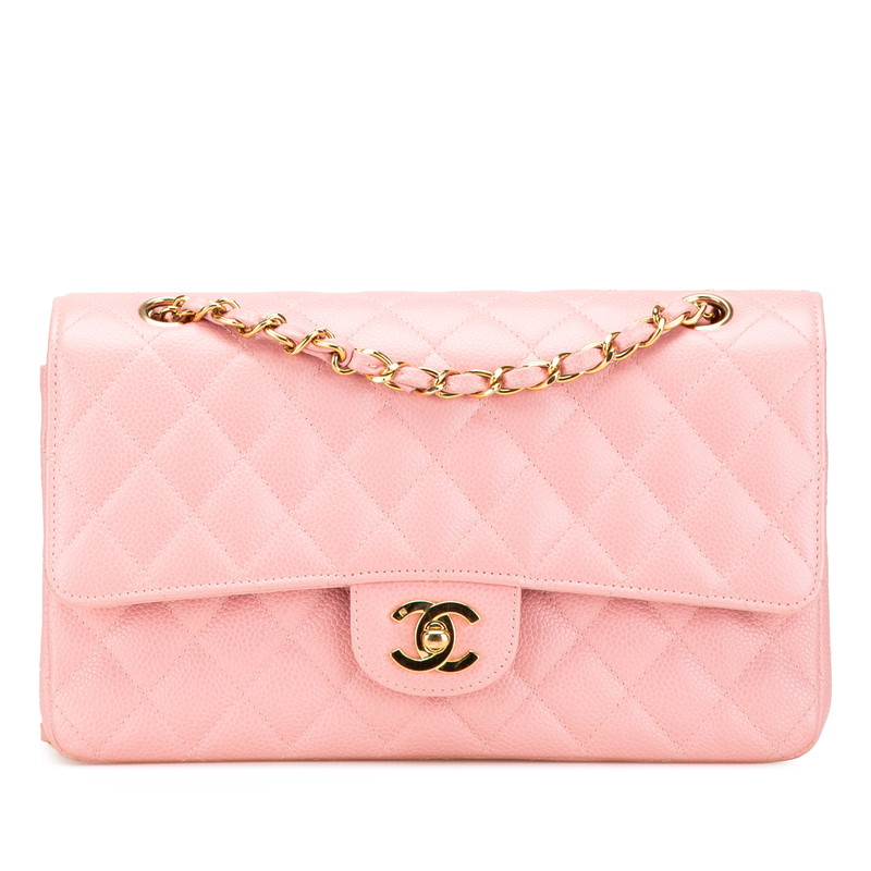 シャネル マトラッセ ココマーク Wフラップ チェーン ショルダーバッグ ハンドバッグ ピンク キャビアスキン レディース CHANEL 【中古】