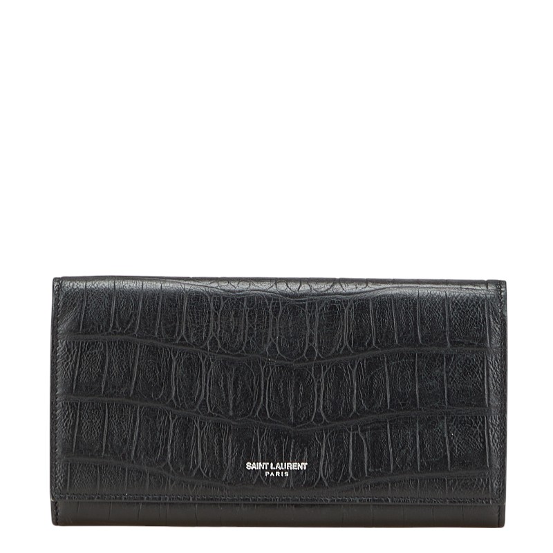 サンローラン クロコ型押し 長札入れ 黒いこと なめし革 レディース SAINT LAURENT 【中古】