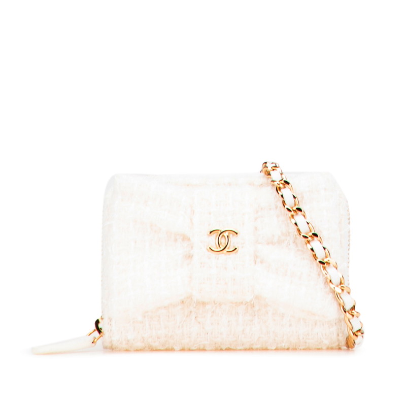 シャネル ココマーク リボン ミニ チェーンウォレット コインケース ホワイト ゴールド ツイード レザー レディース CHANEL 【中古】|【銀座パリス】 店