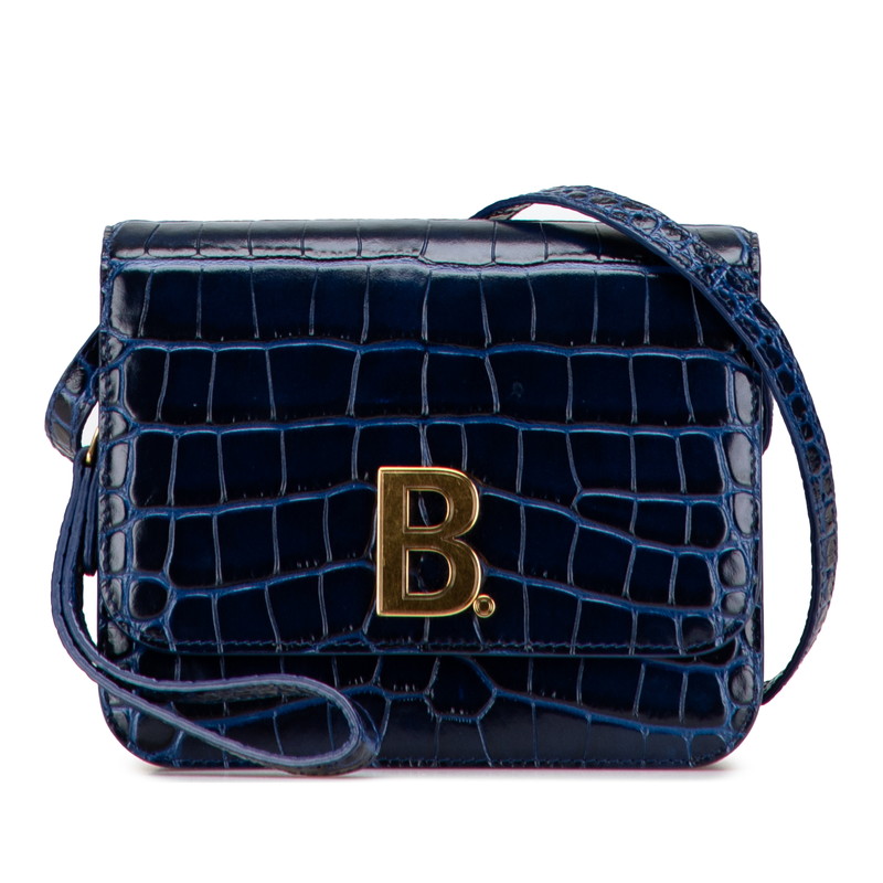 バレンシアガ Bロゴタイプ クロコ型押し ショルダーバッグ 592898 米国海軍 なめし革 レディース BALENCIAGA 【中古】